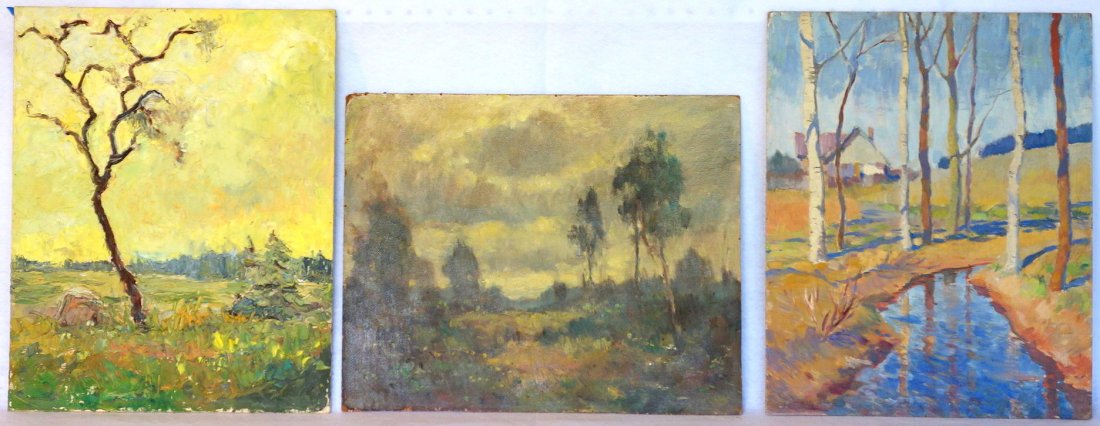 Three unframed O/B impressionist landscapes, unsigned,: Three unframed O/B impressionist landscapes, 1 Signed A. Jurjevics '47, and 2 unsigned, but painted by Dr. Arnolds Jurjevics, Poughkeepsie NY, 20th century. Each approximately 16" x 20". Very good con
