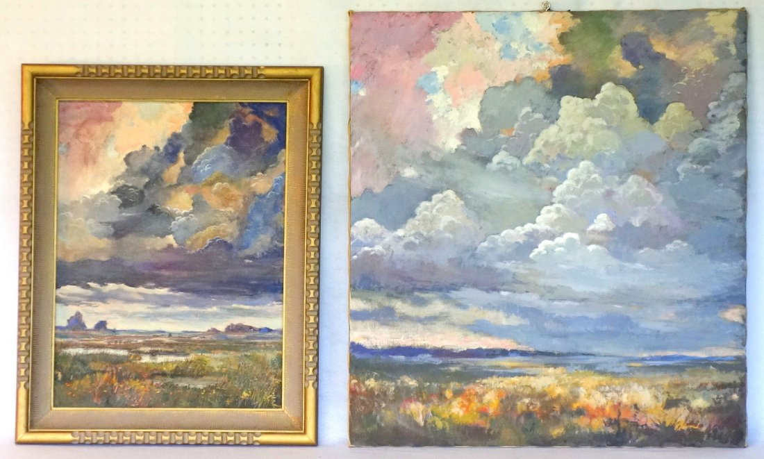 Two impressionist cloud formation paintings, including: Two impressionist cloud formation paintings, including O/B 18" x 24" and O/C 33.25" x 30.5", unsigned, but painted by Dr. Arnolds Jurjevics, Poughkeepsie NY, 20th century. Excellent condition. Provena