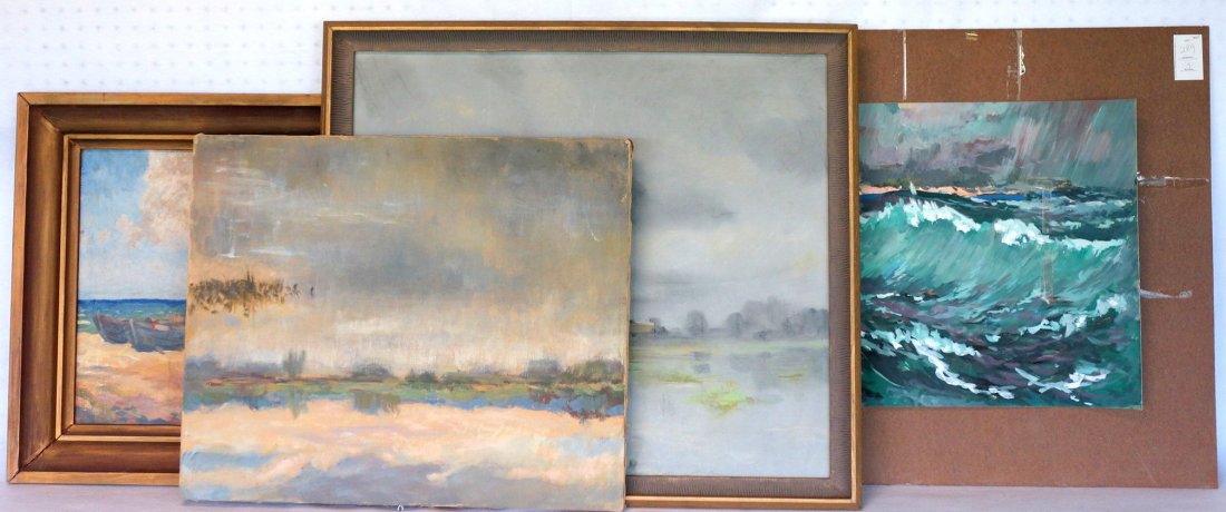Grouping of 4 miscellaneous artwork including O/C: Grouping of 4 miscellaneous artwork including O/C Shoreline with fishing boats and boat house, and 4 other impressionist works. All unsigned, but painted by Dr. Arnolds Jurjevics, Poughkeepsie NY, 20t