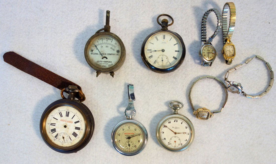 Grouping of old watches including Walthman coin silver: Grouping of old watches including Walthman coin silver pocket watch with second hand, a large French silver plate pocket watch signed P.F. (missing crystal and hands), a French silver cased pocket wat