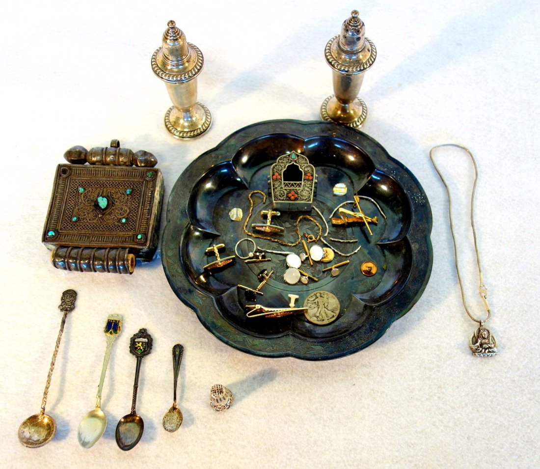 Grouping of decorative objects including sterling salt: Grouping of decorative objects including sterling salt & pepper shakers, Black Hills Gold Creations cuff links by Landstrom - marked 12k gold trim, unusual fancy sterling thimble, etc.