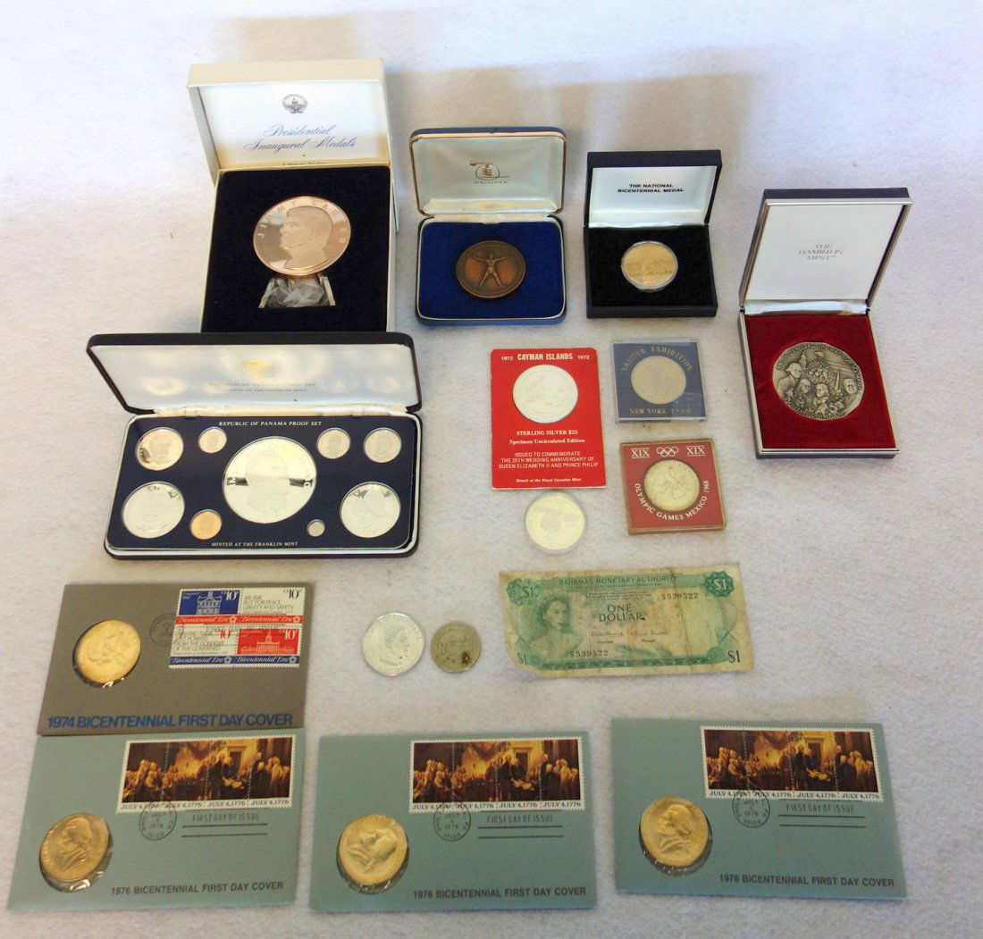 Grouping of mostly silver/bronze currency & medals: Grouping of mostly silver/bronze currency & medals including the official 1977 inaugural bronze medal of Jimmy Carter, The National Bi-Centennial medal, British Exhibition coin 1960, 4 1974/1976 Bicen