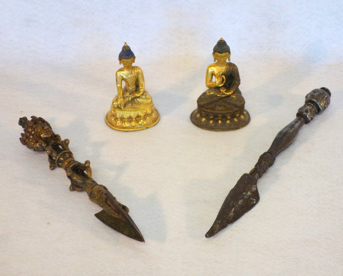 Four Indian decorative objects including ornate bronze: Four Indian decorative objects including ornate bronze handled Buddhist kila with arrow point blade - handle decorated with figures-claw finial-and eagle mouth near base - 10.5"L, a similar steel knif