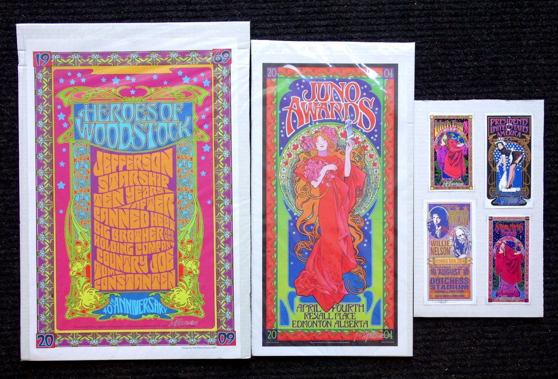 Bob Masse & other signed colorful posters.: Two signed Bob Masse colorful posters, 3 signed Masse promotional handbills cards, 1 signed Arminski promotional handbill. Includes: Heroes of Woodstock 40th Anniversary 2009 and Juno Awards 2004, ori