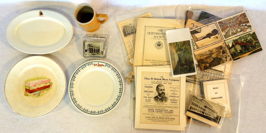 Grouping of ephemera and advertising tableware: Grouping of ephemera and advertising tableware including 1902 platter "The Montauk" 11.5"L, Souvenir Views of Poughkeepsie & Vassar College early 20th century, trade cards Adriance Platt & Co. Machine