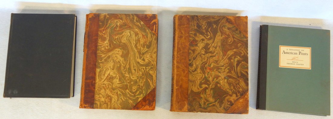 Grouping of 4 books including 2 leather bound vol's: Grouping of 4 books including 2 leather bound vol's entitled "Le Louver La Peinture" with many colored plates - bindings with losses and wear to leather covers, "A Treasury of American Prints" publish