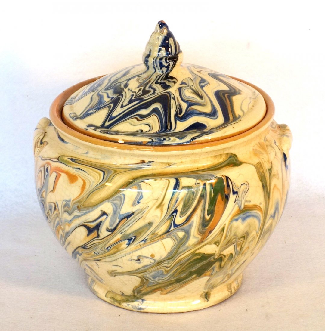 Large French jaspe covered earthenware pot, probably: Large French jaspe covered earthenware pot, probably early to mid 20th century. Extensive crazing, else very good condition. Approximately 11"H x 10.5"W.