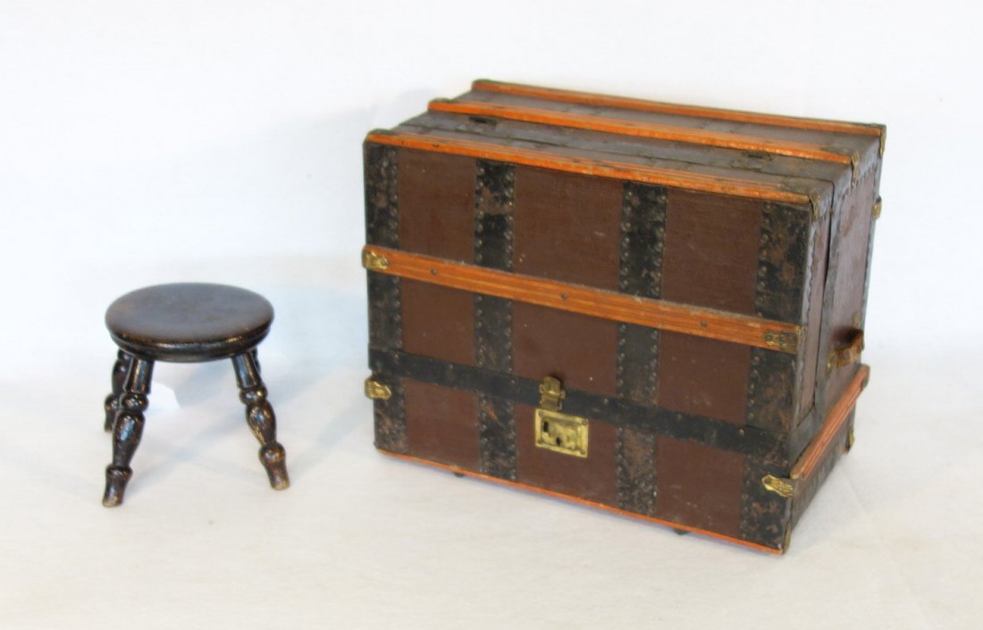 Doll's trunk wardrobe with red stained wooden slats,: Doll's trunk wardrobe with red stained wooden slats, original leather handles, original wheels and 3 original interior drawers - 12.75"H x 16.25"W x 9.5"D - very good condition - early 20th century, s