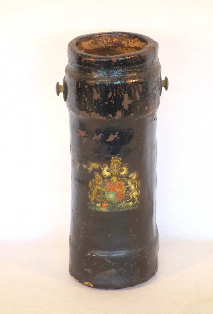 Old leather fire bucket with printed crest on front -: Old leather fire bucket with printed crest on front - missing handle - 19th century - 15.5"H.