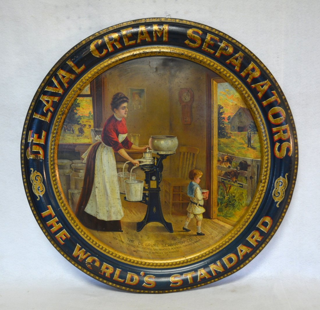 Tin 1904 advertising charger "De Laval Cream Separators: Tin 1904 advertising lithographed sign/charger "De Laval Cream Separators - The World's Standard" - 26"D - Scene depicts a farm lady operating the separator machine while son walks through doorway see