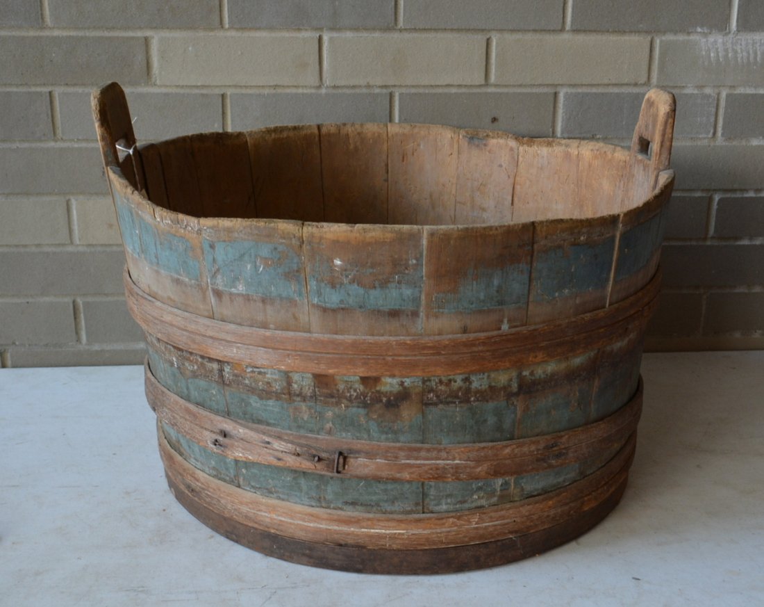 Primitive wash tub in original blue paint - good: Primitive wash tub in original blue paint - good condition - early to mid 19th century - 22.5"D.