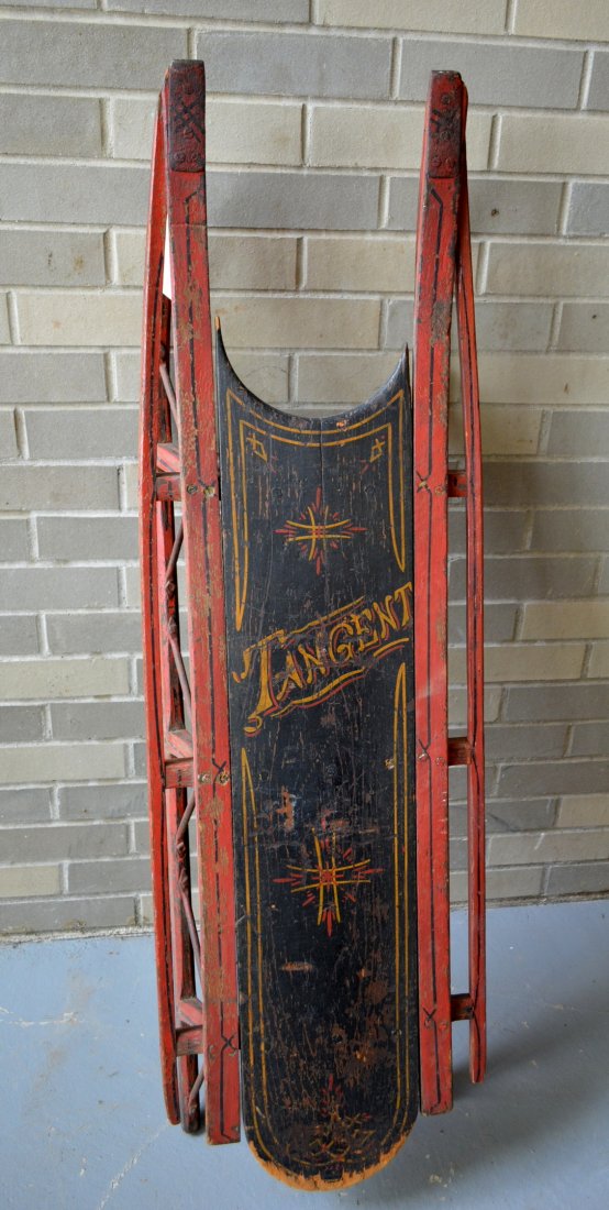 Early child's sled in original red, yellow and black: Early child's sled in original red, yellow and black paint - original hand forged iron hardware - circa 1880 - 48"L.