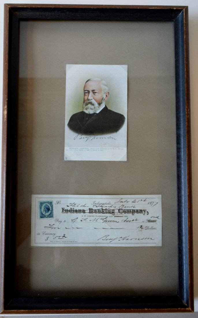 U.S. President Benjamin Harrison hand-signed personal: U.S. President Benjamin Harrison hand-signed personal check dated 1877, from the Fletcher & Sharpes Bank in Indianapolis, Indiana with applied 2 cent revenue stamp; together with an Benjamin Harrison 