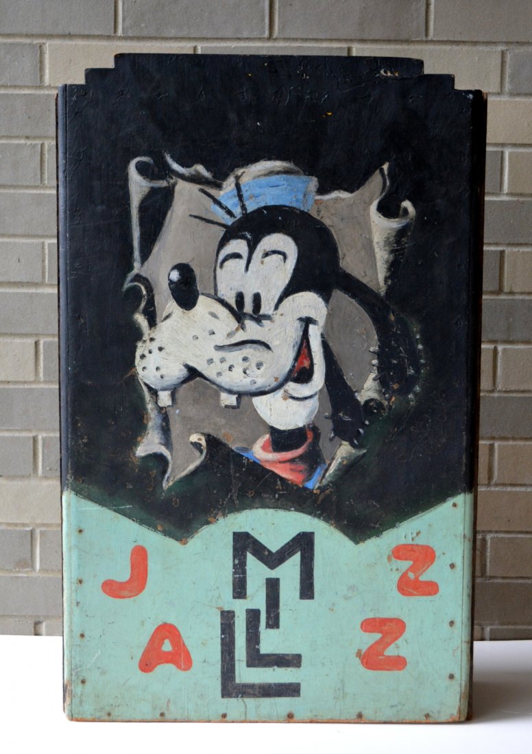 Vintage jazz folding music stand with image of Goofy: Vintage jazz folding music stand with hand painted image of "Goofy" above name "Jazz Mill". Constructed on masonite boards, circa 1930. Front panel size 19"W x 30.5"H. Some overpaint, mostly around pe
