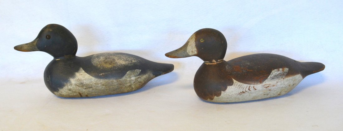 Two Mason Bluebill decoys with glass eyes - one with: Two Mason Bluebill decoys with glass eyes - one with pellet shot marks, both with expansion cracks in base only, both with plaster joint losses between neck and body, and both showing some use wear to