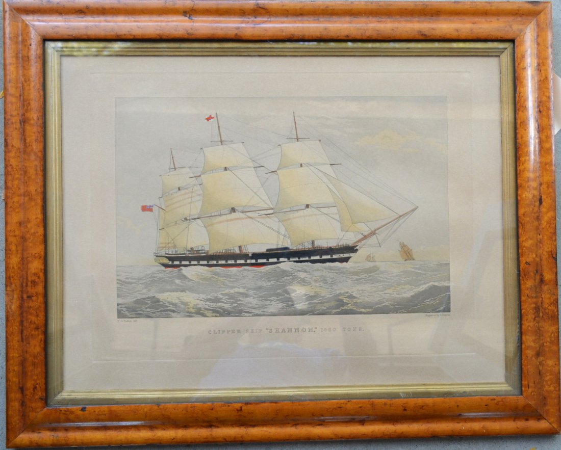 Hand colored lithograph of a 3 mast sailing vessel: Hand colored lithograph of a 3 mast sailing vessel entitled "CLIPPER SHIP SHANNON 1450 TONS" - Marked "Engraved by E. Duncan" lower right corner and "T.G. Dutton del." lower left corner. Very good con