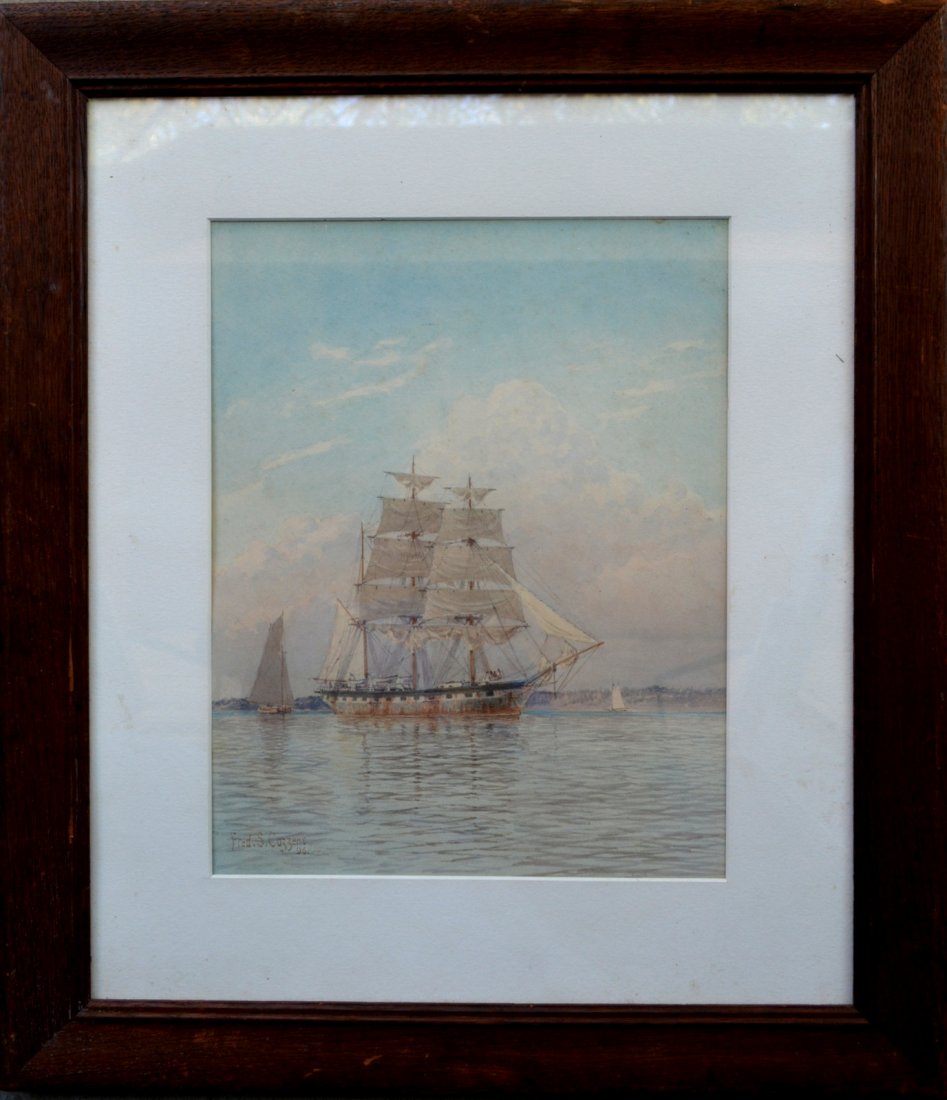 Frederic Schiller Cozzens, NY 1846-1928 - W/C Two mast: Frederic Schiller Cozzens, NY 1846-1928 - W/C Two mast sailing vessel near harbor - smaller sailboats in background - signed Fred S. Cozzens '96 - 11" x 14" within mat. Excellent condition.