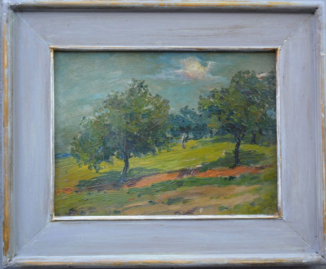 O/B Landscape with trees on hillside, signed Lindenmuth: O/B Landscape with trees on hillside, signed Lindenmuth 1918 ( Tod Lindenmuth, Mass. 1885-1976) - excellent condition - 11.25" x 8.5". Lindenmuth was the founder of the Provincetown Art Association an