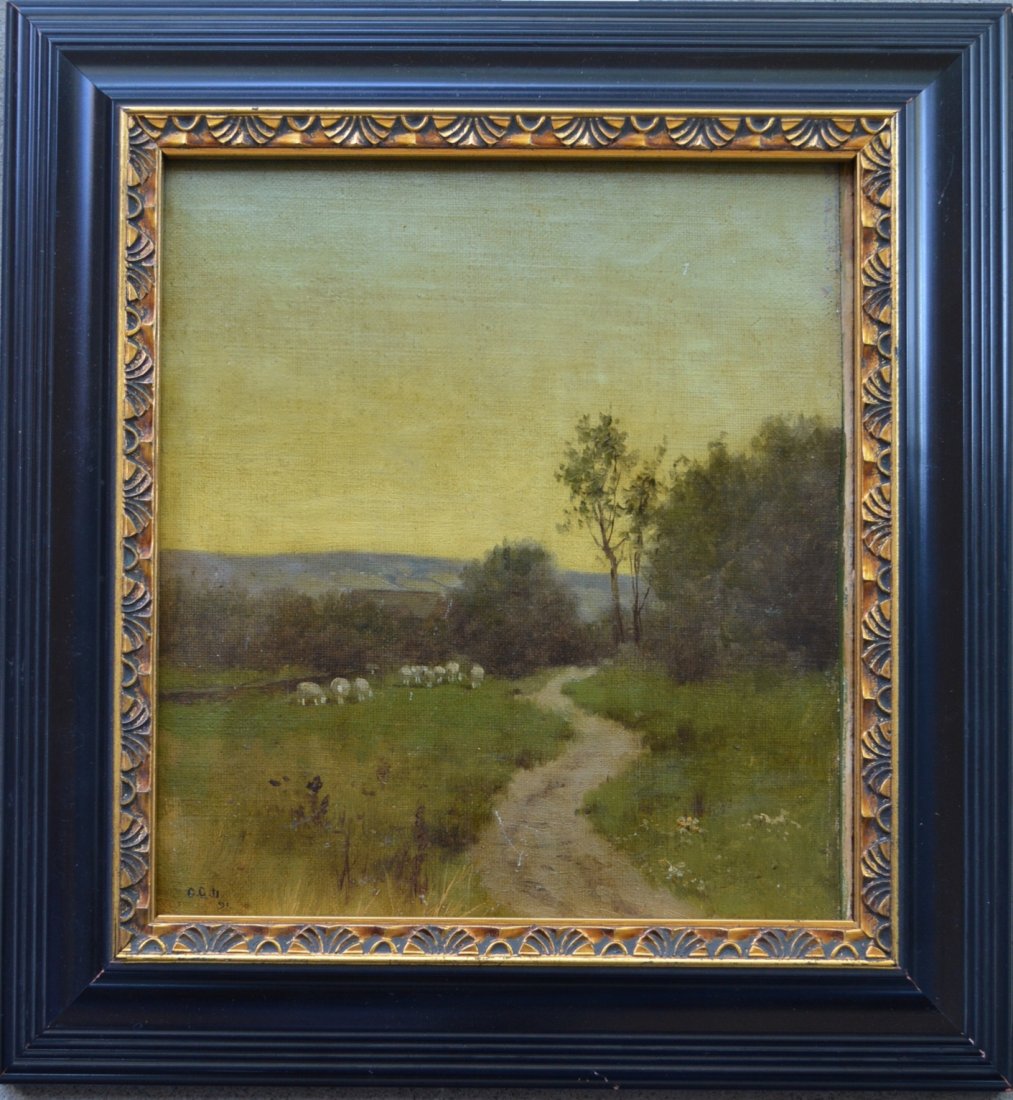 Oil on canvas applied to board - dated 1891 - Beautiful: Oil on canvas applied to board - dated 1891 - Beautiful pastoral scene with sheep in meadow near country road signed C.C.D. or C.G.D '91 (likely Charles Grant Davidson, NY 1865-1945). Has been cleaned