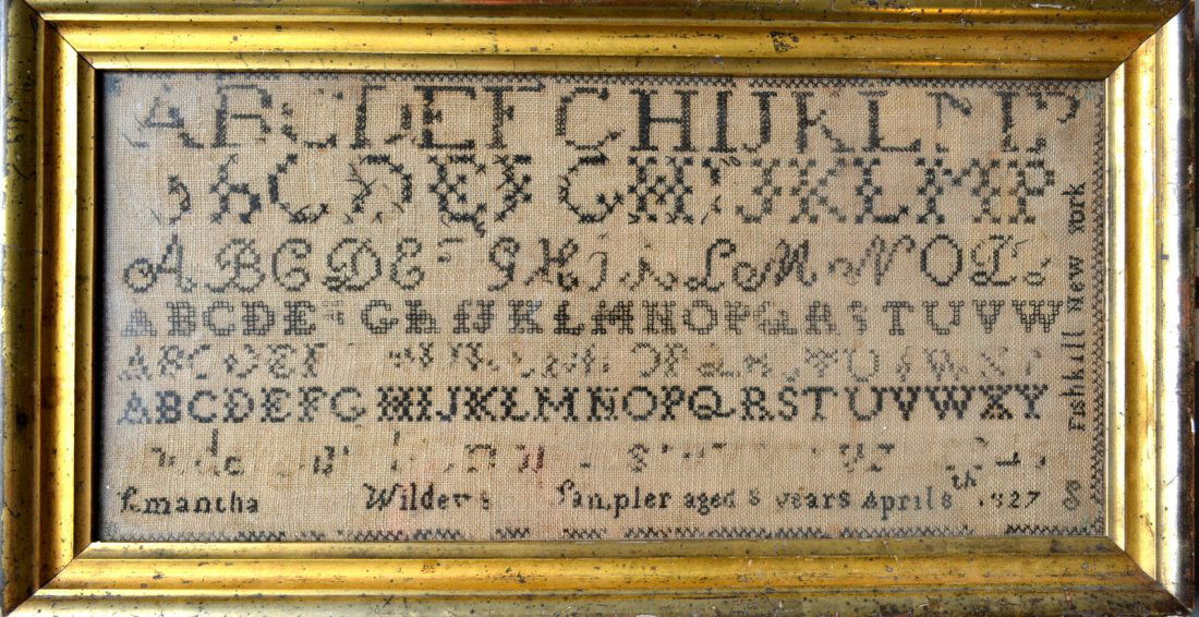 Dutchess County NY sampler signed "Samantha: Dutchess County NY sampler signed "Samantha Wilder....(?) Sampler aged 8 years April 8th 1827 - Fishkill New York" - some losses to thread, especially in the lower section where the name is located. 8