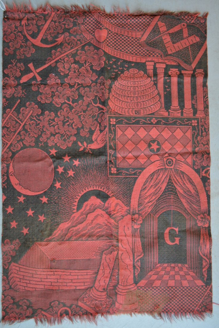 Odd Fellow's homespun hanging tapestry in red and black: American Odd Fellow's, ingrain homespun hanging tapestry in red and black wool depicting many of its brotherhood symbols - 52" x 36". Some yarn pulls, one small hole, overall good condition. Mid 19th 