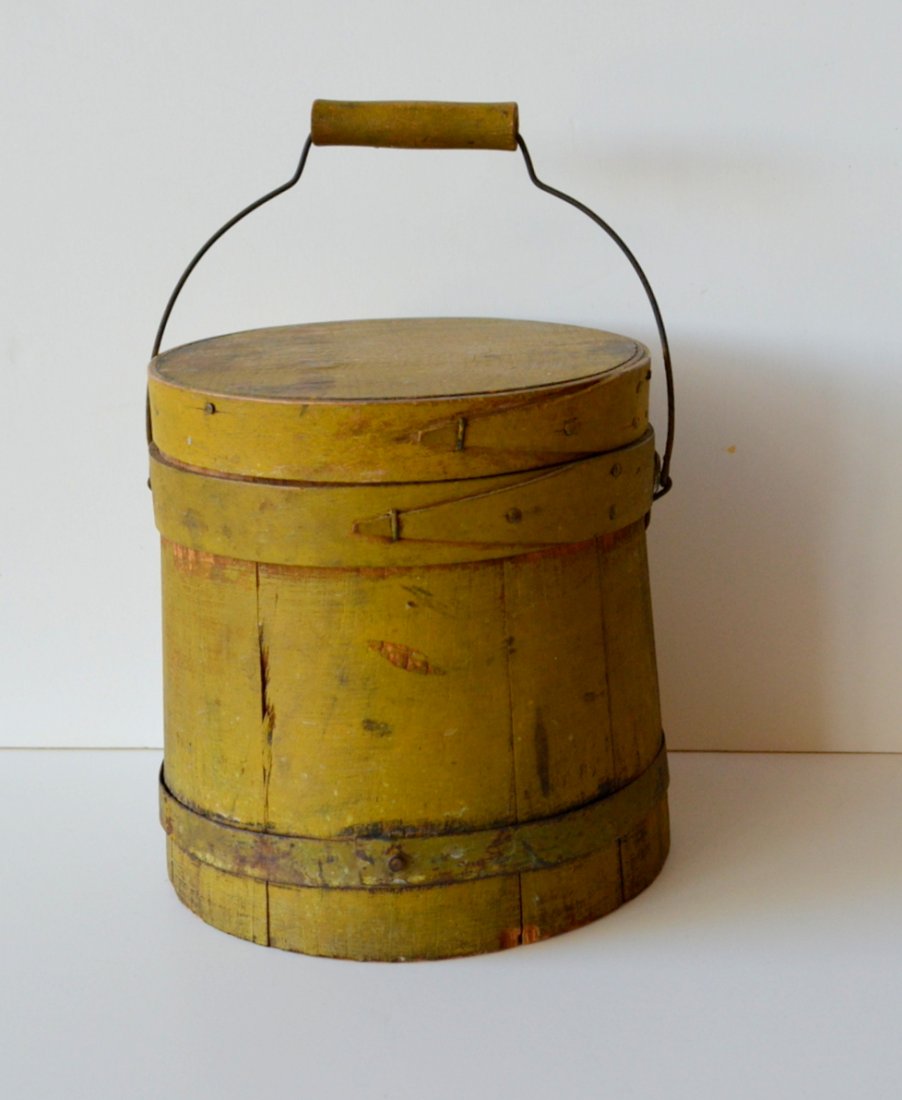 Miniature firkin in old yellow paint, with bale handle.: Miniature firkin in old yellow paint, with bale handle. Late 19th century. 6 1/4"D x 6 7/8"H. No issues - Very good condition.