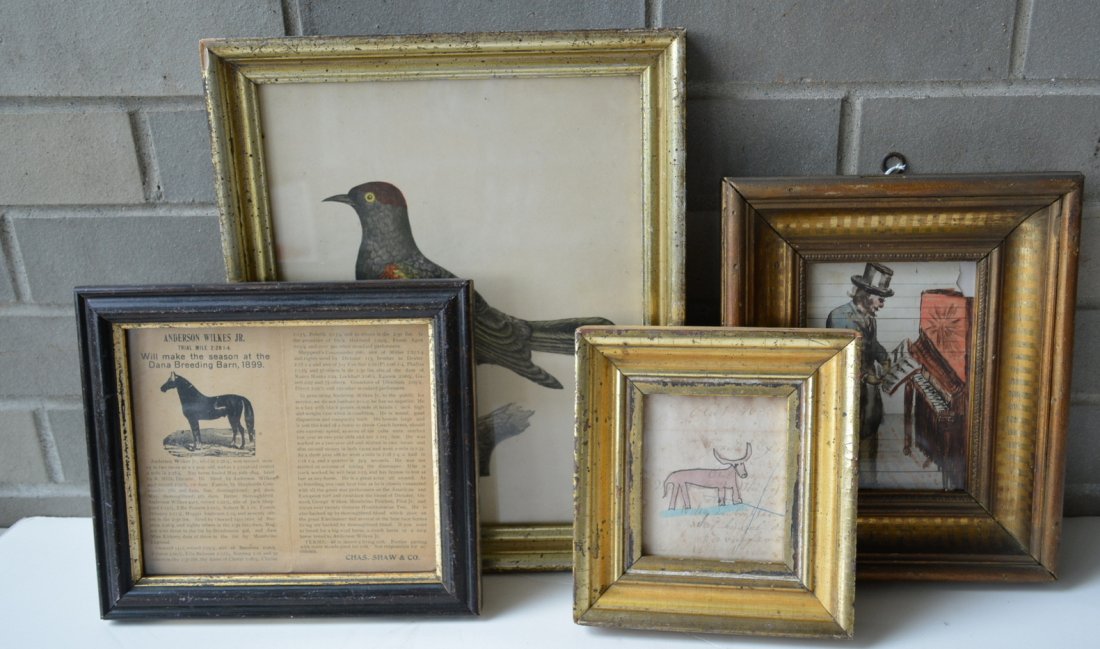 Four pieces of framed artwork: 1) Miniature child's W/C: Four pieces of framed artwork: 1) Miniature child's W/C of a deer over illegibly script writing, mounted in a 19th century lemon gold frame - opening size 4" x 4.5"; 2) W/C of a man with long coat, to