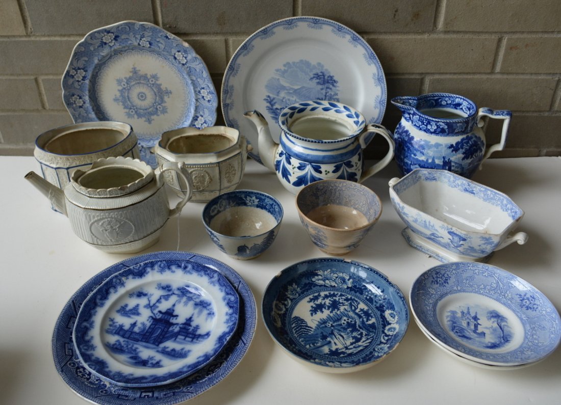Grouping of 15 pieces of early soft paste and: Grouping of 15 pieces of early soft paste and transferware china, most with some damage and/or missing lids including a matching pearlware teapot and sugar bowl with embossed eagle & American shield d