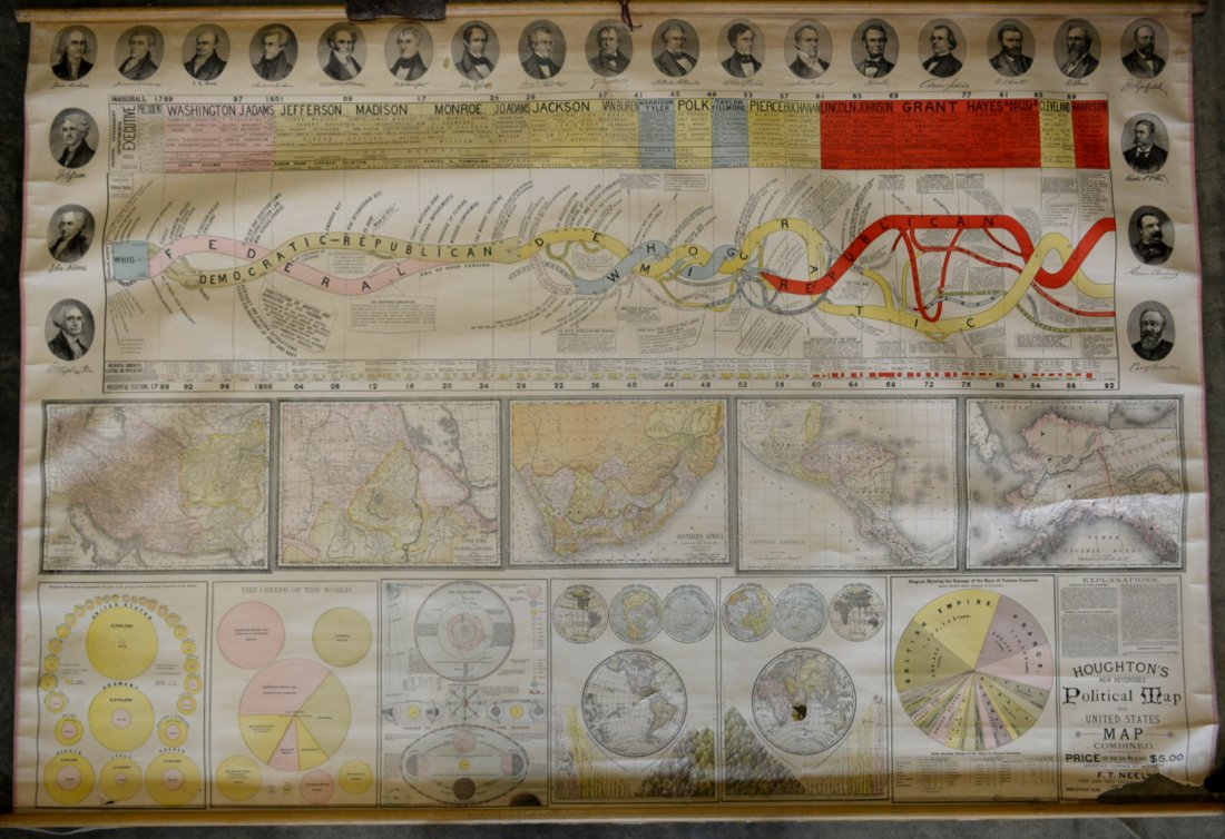 Rand McNally educational rollup paper wall map: Rand McNally educational rollup paper wall map published by F.T. Neely, Chicago, dated 1891. Includes "Houghton's New Reversible Political Map and United States Map" - One side with map of the US as i