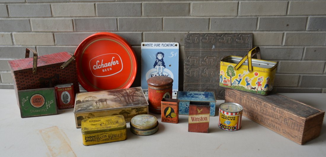 Large grouping of advertising articles including an: Large grouping of advertising articles including an enameled 5 cent Fairy Soap sign - 7" x 10", seven Schaefer Beer trays (near unused - excellent condition), Tiger Chewing Tobacco lunch tin, Uneeda B