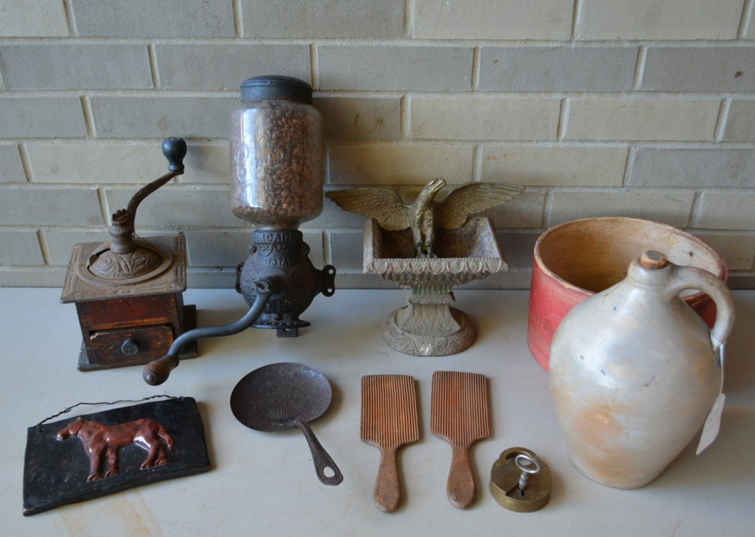 Grouping of country items including Arcade "Crystal No.: Grouping of country items including Arcade "Crystal No. 3" coffee grinder, single drawer coffee grinder with top handle, brass eagle finial - 10" wingspan, terra cotta embossed plaque of a horse (19th