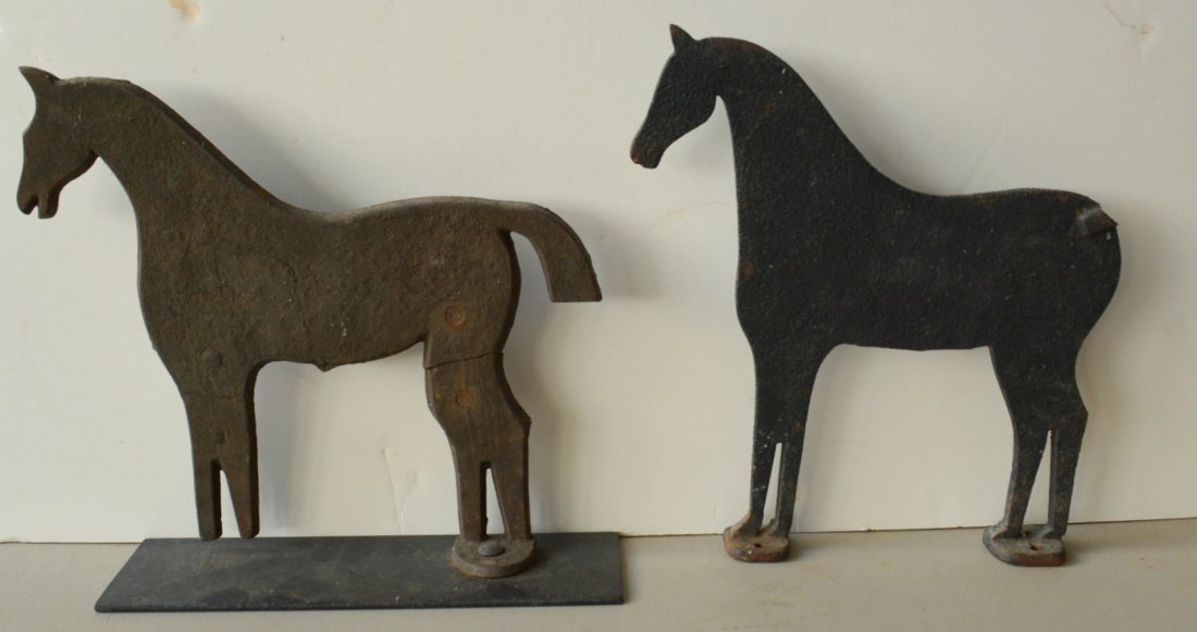 Two cast iron horse models, one with bobtail probably a: Two cast iron horse models, one with bobtail probably a windmill weight - loss to front feet (clamp) and repairs to both front and rear legs - 12.75"L x 11.5"H; and a horse, probably a boot scraper, m