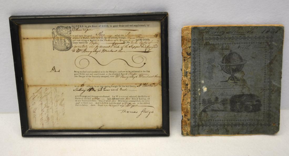 Two early documents including: Framed bill of lading: Two early documents including: Framed bill of lading from Newport Harbor to Boston for 12 casks of sperm whale oil aboard the sloop "Reven", Thomas Sturgis (captain) dated Sept. 3, 1756; together with
