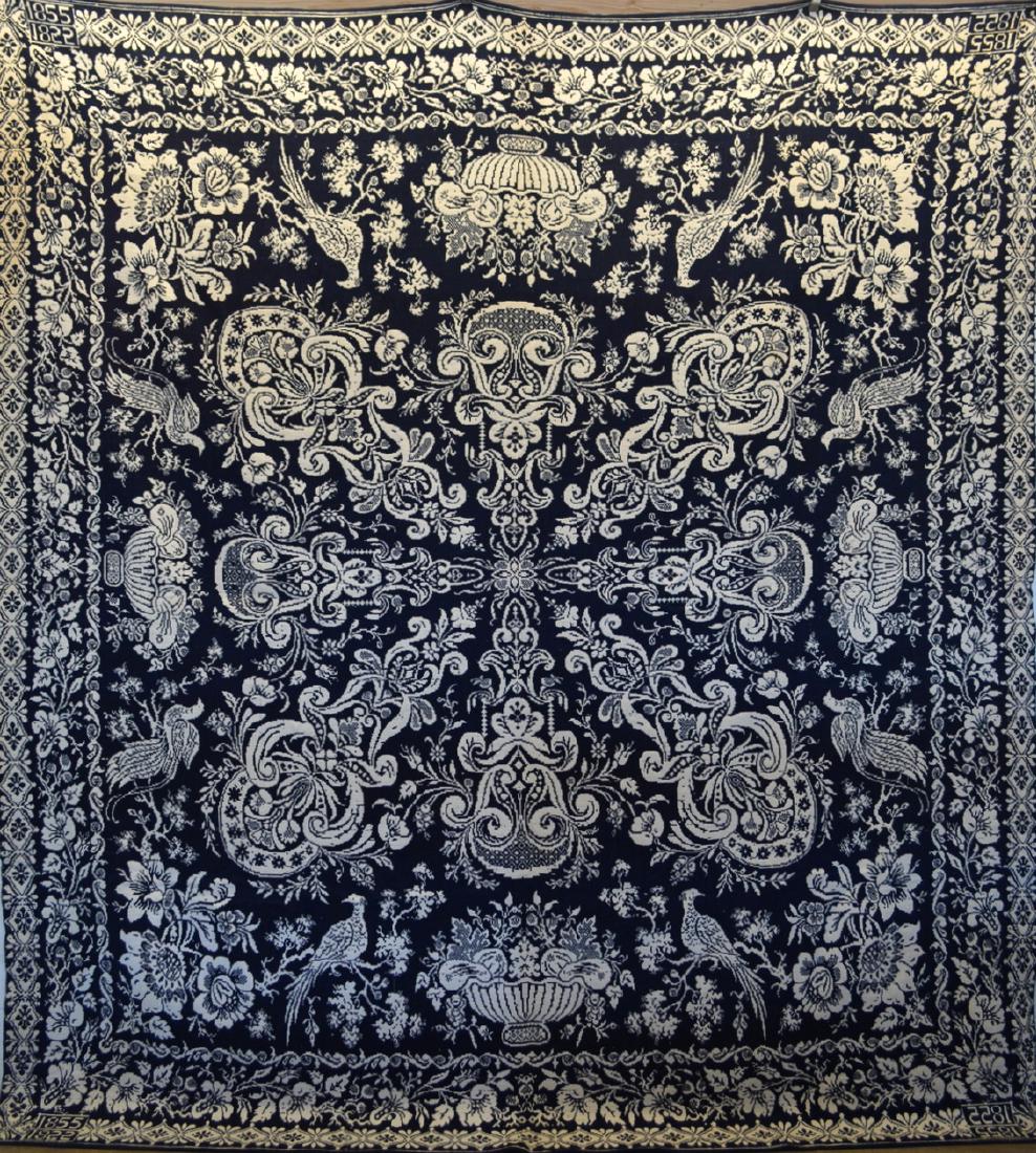 Blue and white 1 piece woven coverlet having a central (1 of 5)