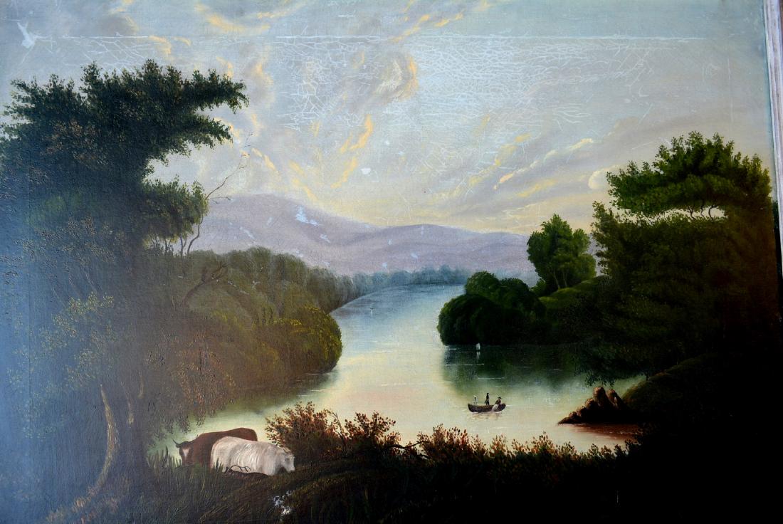 Folk art O/C Hudson Valley landscape with fisherman in (1 of 4)