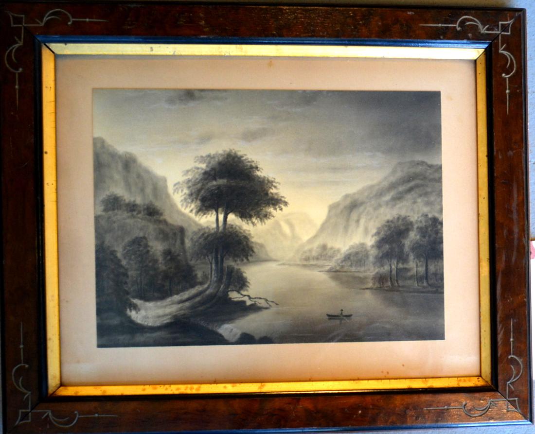 Sandpaper drawing depicting man in a rowboat in river (1 of 2)