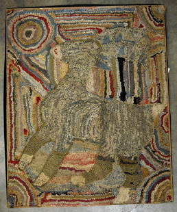 Folk art pictorial hooked rug depicting a portrait of a: Folk art pictorial hooked rug depicting a portrait of a lamb surrounded by colorful geometric expressions â€“ 36â€ x 29â€ â€“ excellent condition. Professionally mounted on frame. Plea