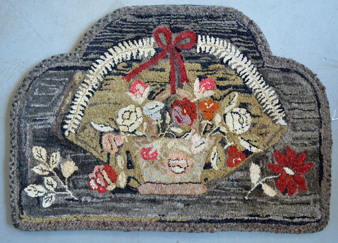 Beautiful hooked rug depicting a basket of flowers with (1 of 4)