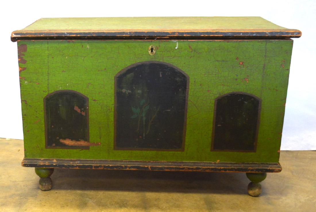Paint decorated blanket box in old green with hand (1 of 5)