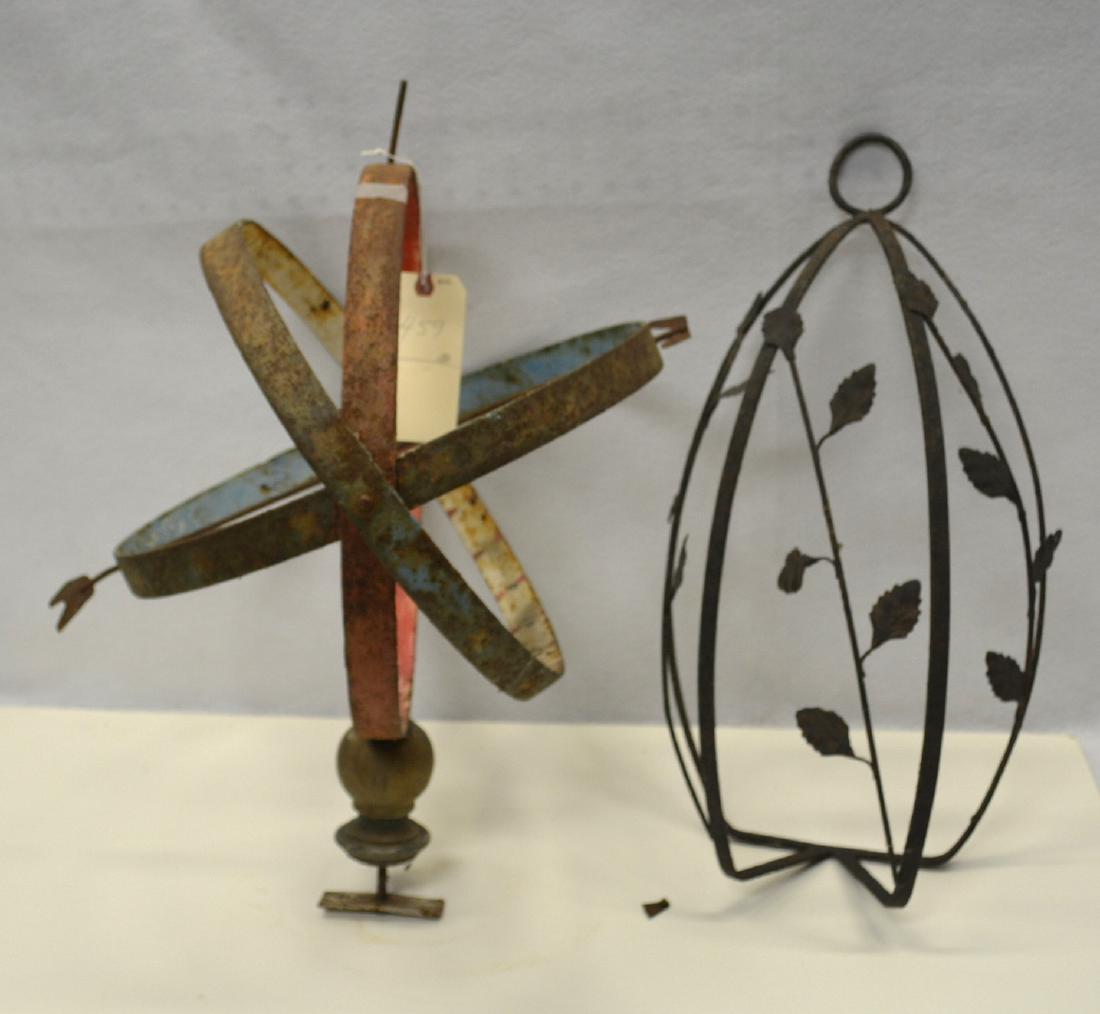Two garden ornaments including an iron armillary in: Two garden ornaments including an iron armillary in original red, white and blue paint on interior (exterior is rusted) - 16"D - top to arrow is broken off and needs to be reattached, else good condit