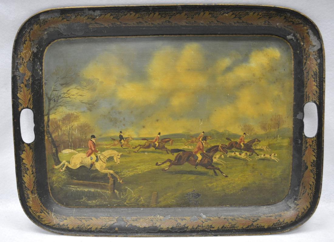 Toleware tray with a hand painted horse hunt scene on (1 of 2)
