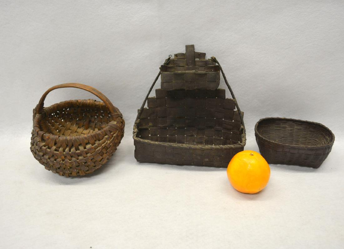 Three early baskets including small melon basket - 7"D, (1 of 5)