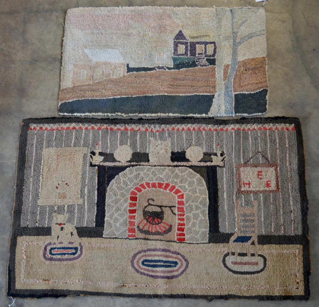 Two pictorial hooked rugs: 1) Interior of living room (1 of 4)