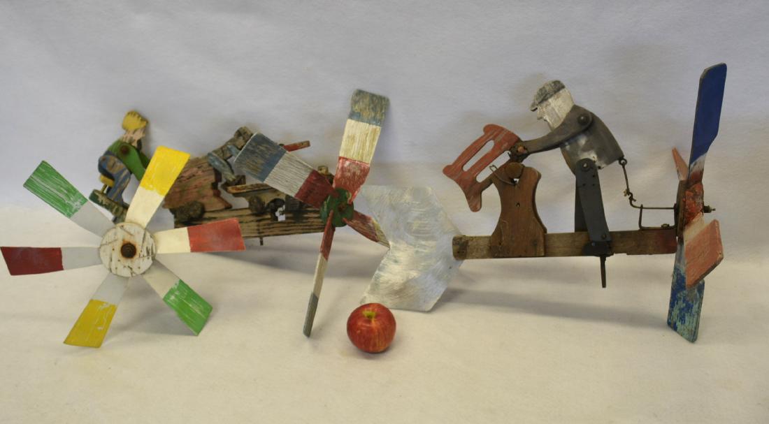 Grouping of 3 whirligigs, most with losses .: Grouping of 3 whirligigs, most with losses . Provenance: Part 2 of sale from local horse farm and resort, owner downsizing collection of antiques from house, barn and outbuildings.