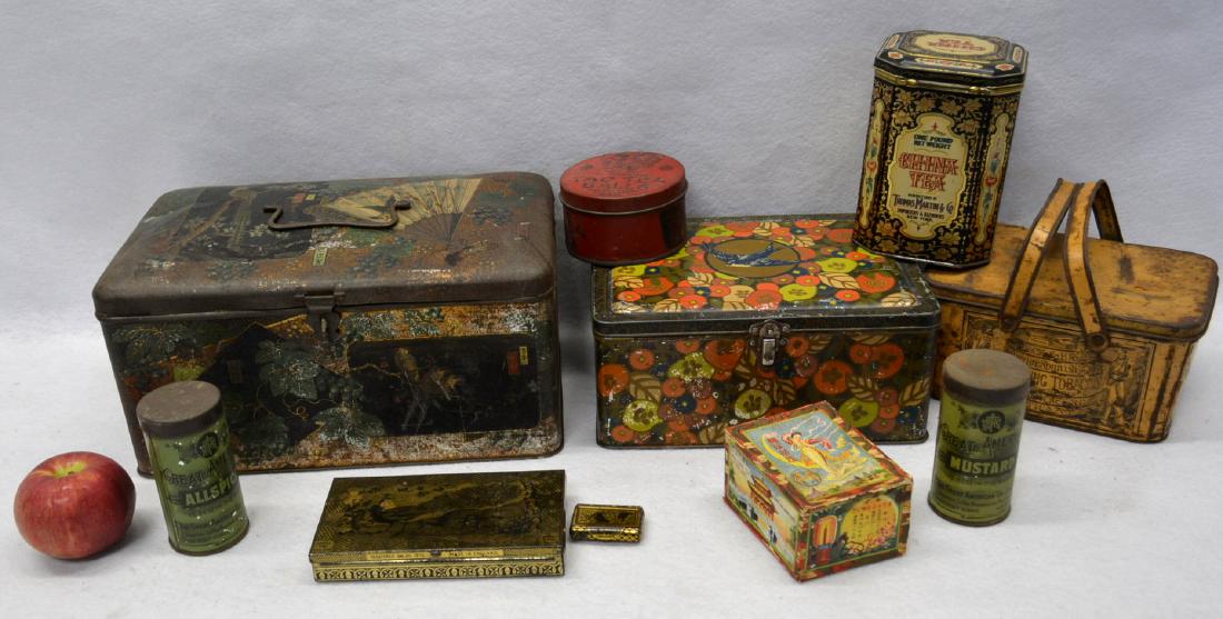 Grouping of advertising tins including tea boxes, (1 of 5)
