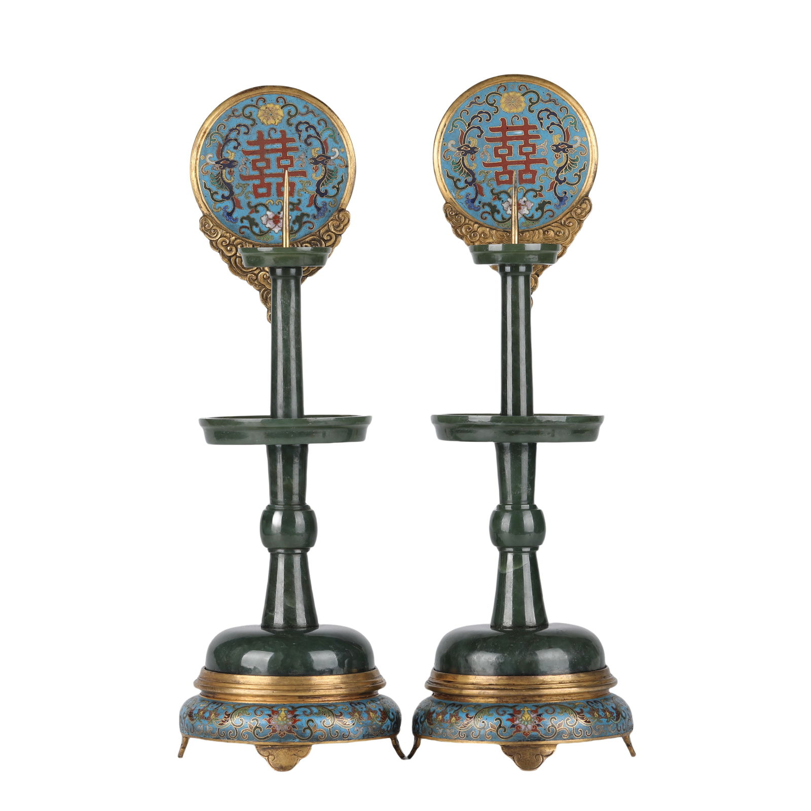 A pair of Chinese cloisonne and jasper carved candle holders, Qianlong (1 of 8)