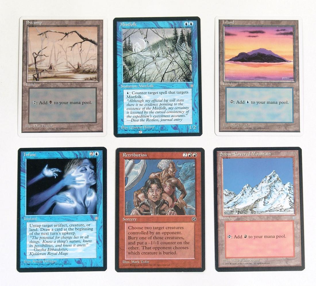 1995 Magic: The Gathering Cards - Lot 3: This is a lot of six vintage 1995 Magic The Gathering (MTG) playing cards. All are copyright 1995 Wizards of the Coast. Win any number of these and they'll be shipped together for one shipping charge.
