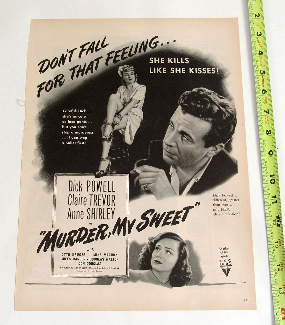 Vintage Noir Movie Ad - Dick Powell: This is an old movie advertisement, taken from a vintage magazine; it is part of a small collection that we obtained from a local estate. With only a couple of exceptions, each is from the movie's ori