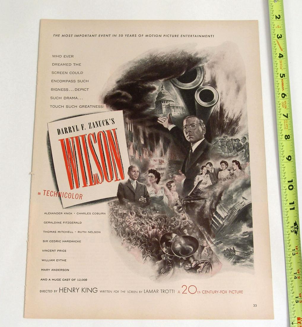 Antique Movie Ad - Woodrow Wilson: This is an old movie advertisement, taken from a vintage magazine; it is part of a small collection that we obtained from a local estate. With only a couple of exceptions, each is from the movie's ori