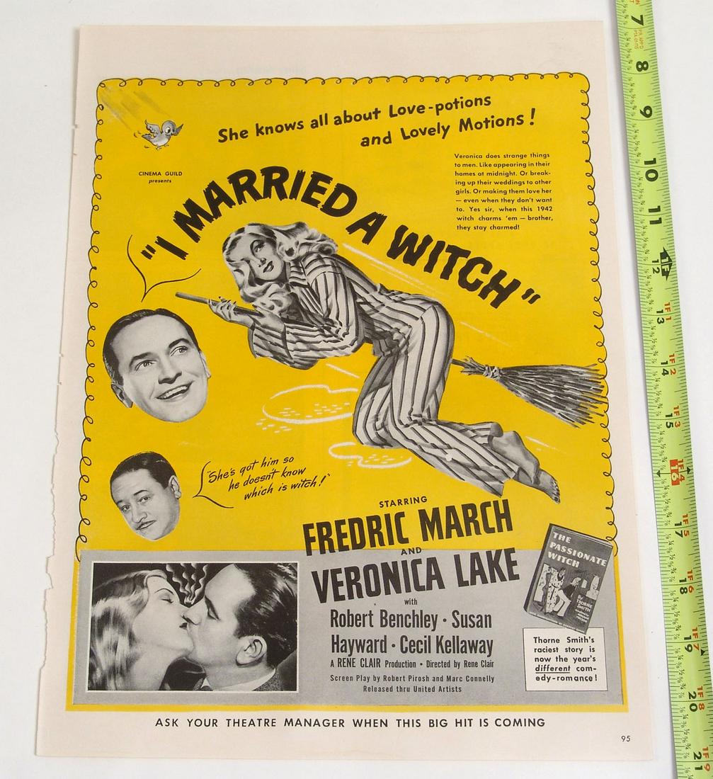 Vintage Movie Ad for I Married a Witch: This is a vintage movie advertisement, taken from a vintage magazine. It is from the movie's original theatrical release. Win any number of these and they'll be shipped together for one shipping charg
